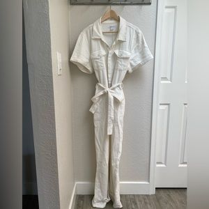Good American White Denim Belted Jumpsuit